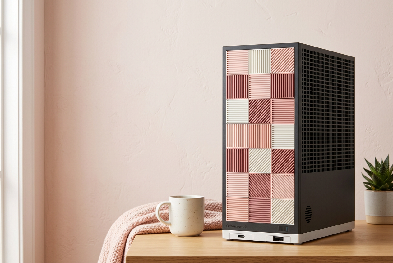 A dark Framework desktop with pink and ivory modular front tiles, vented sides, and silver base in a cozy home